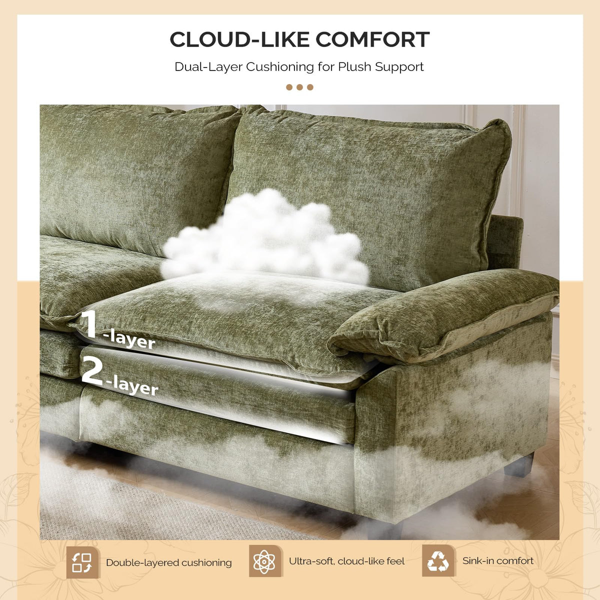 VINGLI 122" Chenille Double Layer Sofa Couch with 1 Ottoman, L-Shaped Sectional Cloud Couch for Small Spaces, Modern 3-Seater Sofa Set for Living Room & Apartment, Olive Green