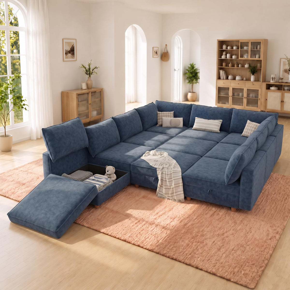 125" Chenille Modular Sectional Sofa Bed Hidden Storage, Convertible L U Shaped Sleeper Couch, 8 Seat Modern Modular Sectional Sofa with Removable Covers & Ottoman Chaise, for Living Room, Beige