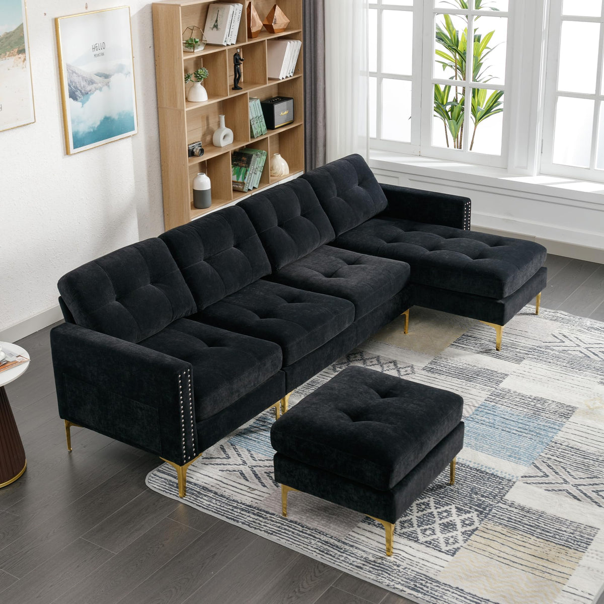 110.6" Velvet Sectional Sofa Couch with Chaise Lounge & Ottoman for Living Room, Modern Contemporary L-Shaped 4-Seat Tufted Sofa Couch for Apartment Office, Strong Metal Leg, Brown