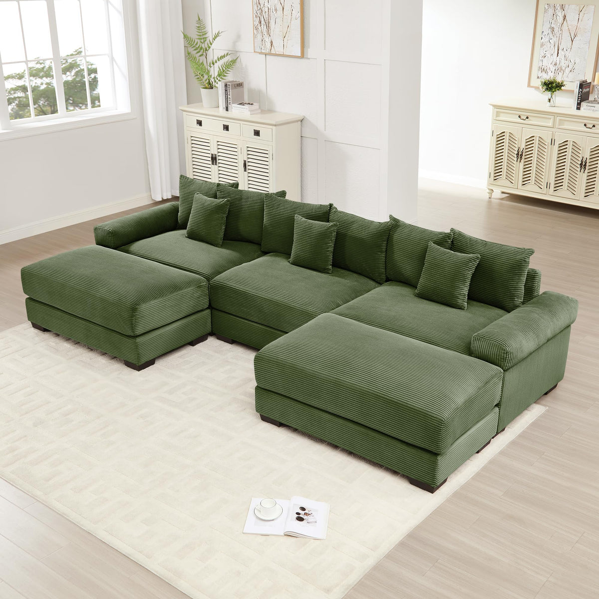 130" Oversized Cloud Modular Sectional Couch,Corduroy Fabric, 3 Seater Deep Seat Wide Armrests, with an Ottoman,Ergonomic Design, Easy Assembly for Lounges Living Room,Green AC360