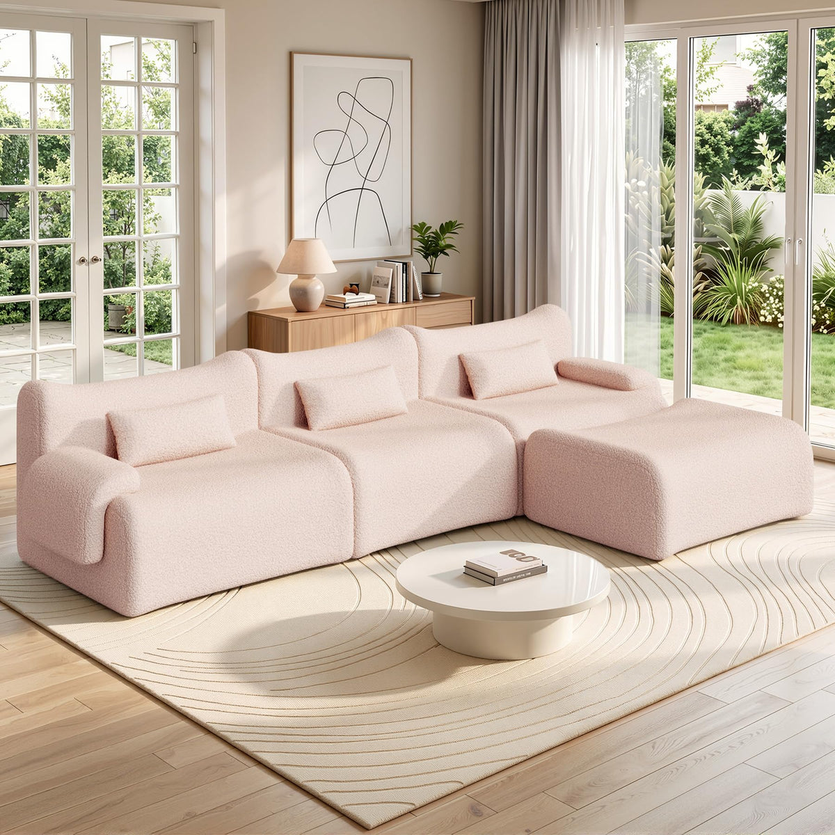 126" L Shaped Boneless Couch, 4-Seat Modular Sectional Sofa with Ottoman, Teddy Fleece Upholstery, Deep Seat Cloud Couch, No Assembly Required,Brown