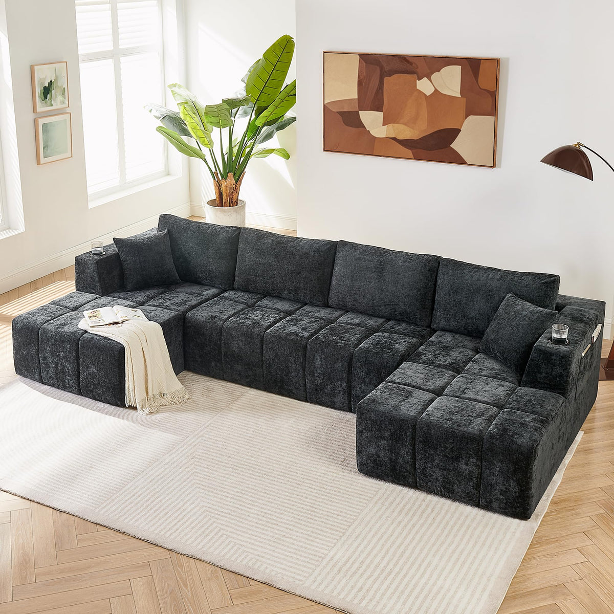 132" U-Shaped Sectional Couch Chenille Cloud Modular Sectional Sofa
