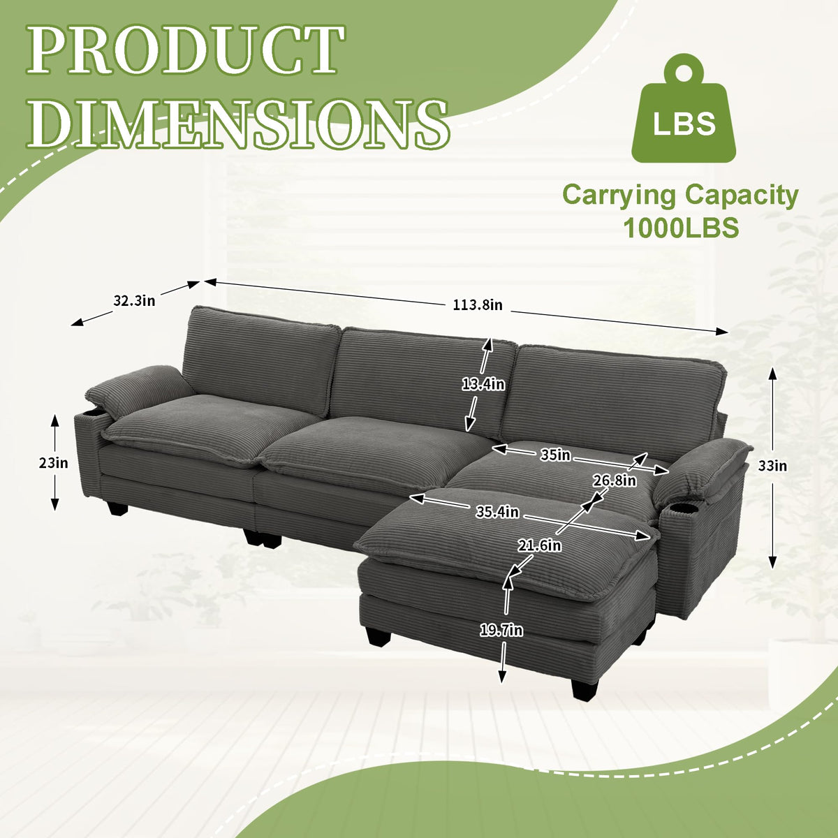 113" 3+1 L Shaped Corduroy Fabric Sofa,Modular Sectional Cloud Couch W,Ottoman,35D High Resilience SpongeDouble Layer Thick Cushion,Cup Holders,Storage Bags,Couches for Living Room,Apartment. AK164