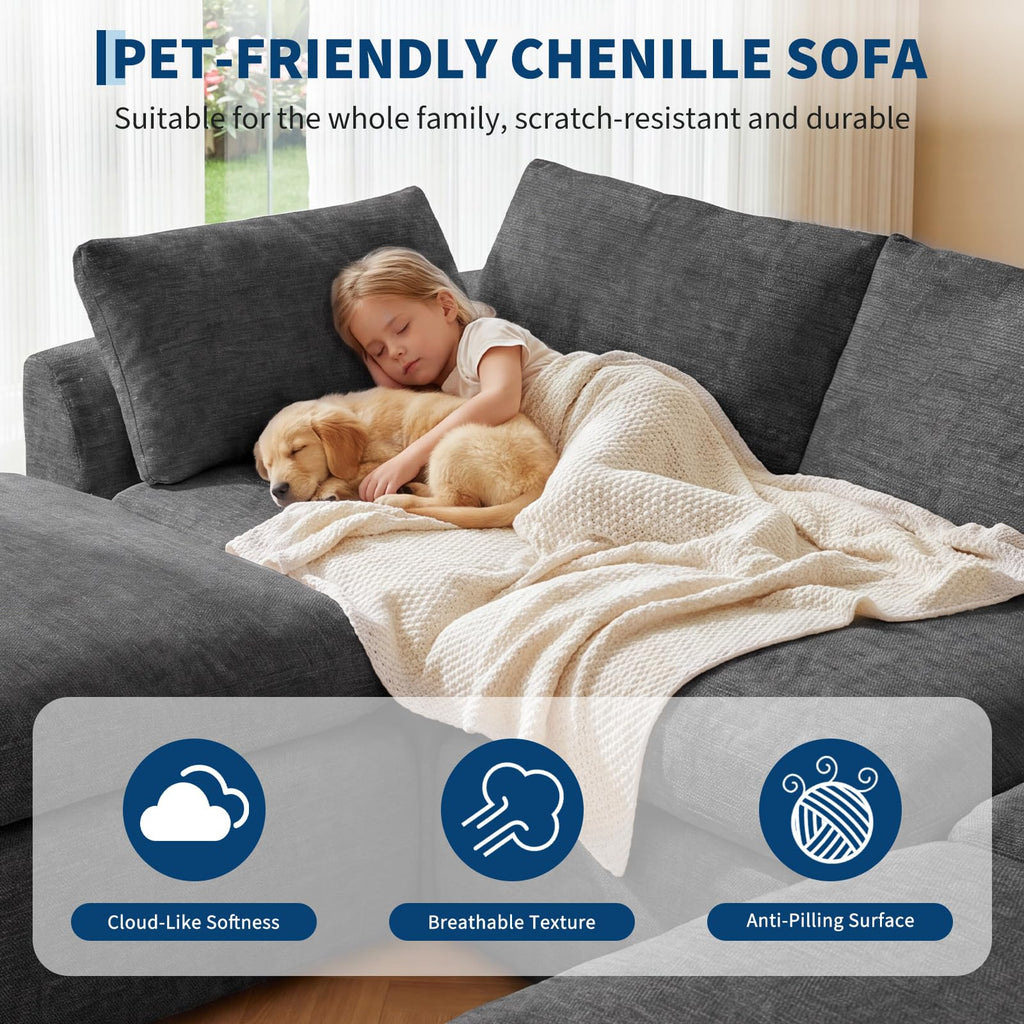 111" Boneless Sectional Couches for Living Room, 5 Seater Deep Seated U Shaped Cloud Couch with Ottomans, Chenille Compressed Modular Cloud Sofa Couch in a Box, No Assembly Required, Grey