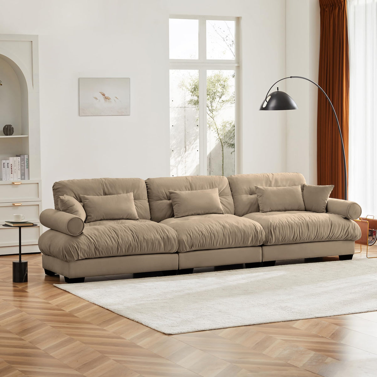 130" Vintage Velvet Oversized Sofa Couch, Pottery Barn Sofa with Cloud-Like Seat, Oversized Modular Sofa Waist Pillows for Living Room, Camel