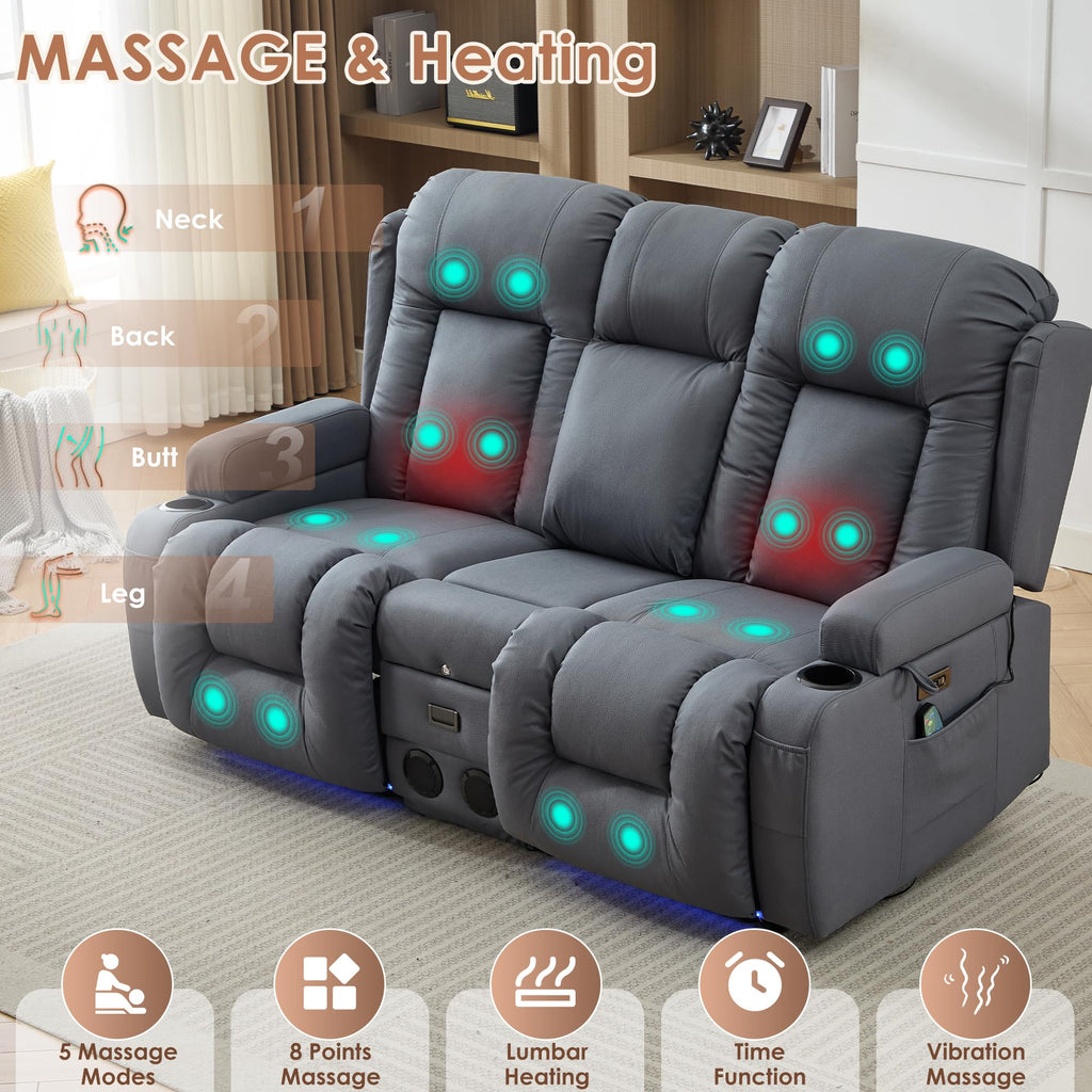 TUNYI Wall Hugger Loveseat Recliner Sofa with Console, Power Reclining Loveseat RV Couch with Massage & Heat/USB/Outlet/Storage/LED Light/Speaker (Blue, 2 Seat with Console)