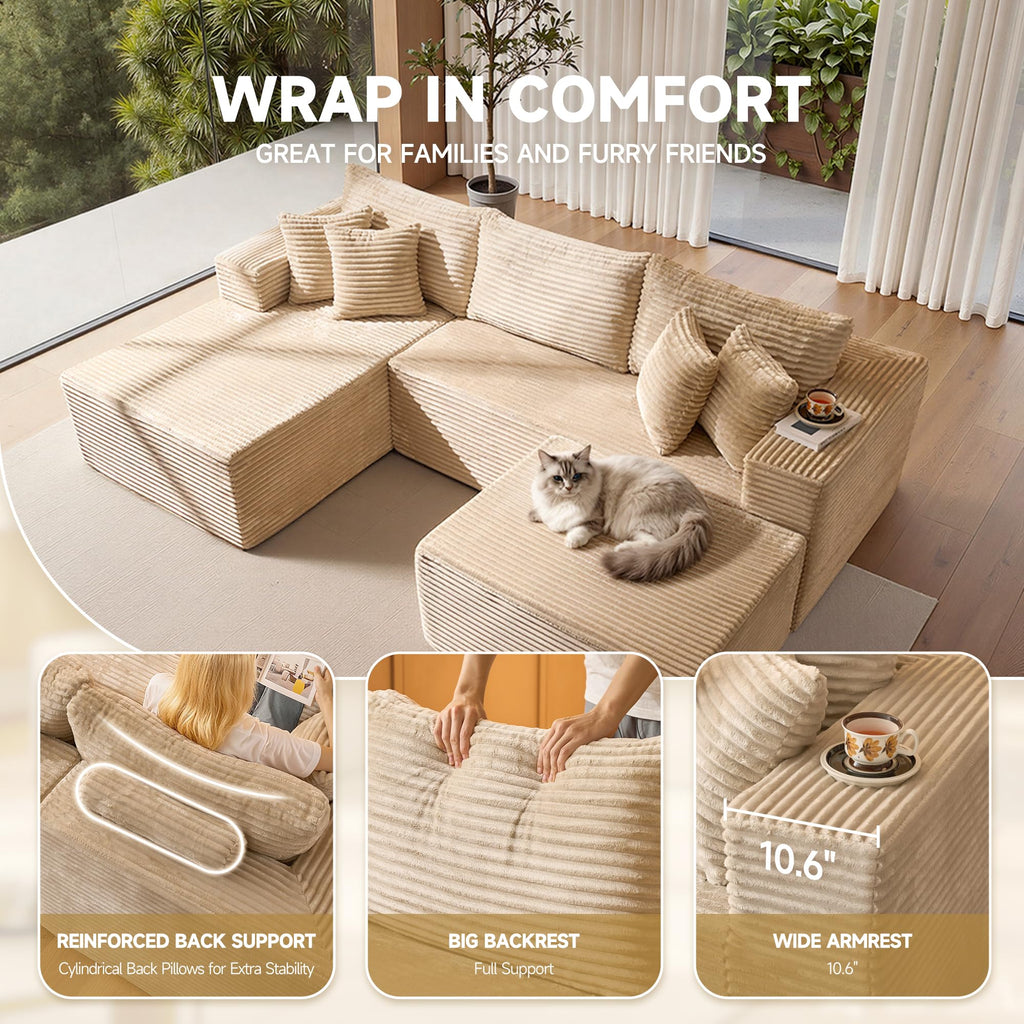 108" Modular Cloud Sofa, High-Density Foam Sectional Couch, Oversized Convertible U-Shaped Sofa Bed with Plush Fabric, Deep Seats, Wide Armrests, Boneless Couches for Living Room, Beige