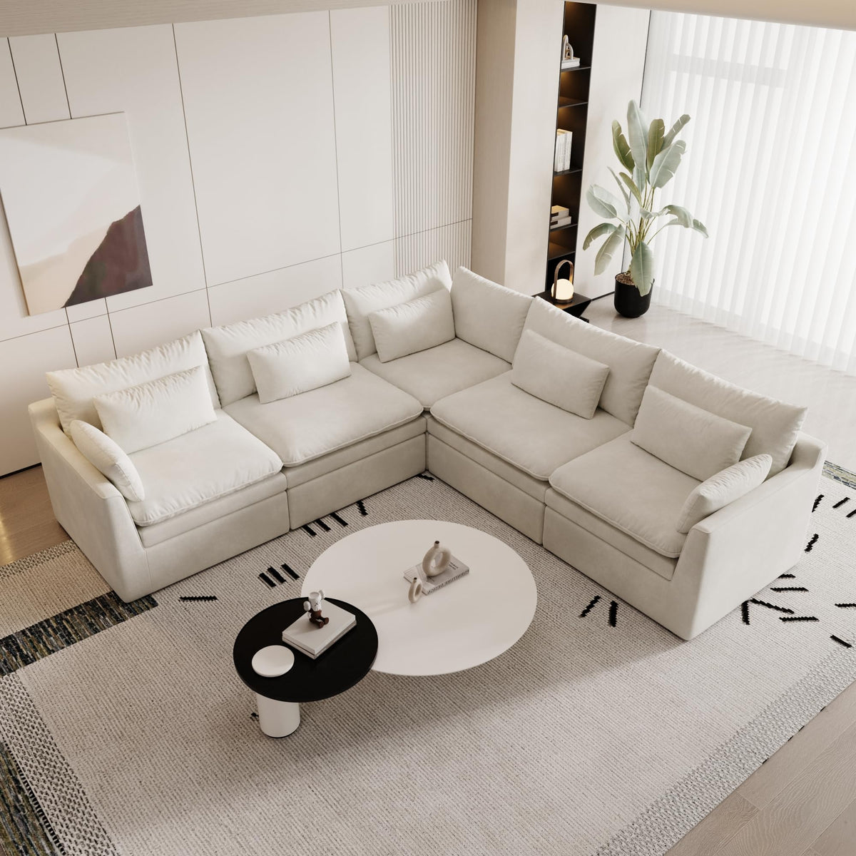 120" Cloud Couch Modular Sectional Sofa for Living Room, 3-Seater with Ottoman, Modern Sofa with Small Pillows Deep Seat L Shapedd Couch Covers Removeble Comfy Linen Khaki