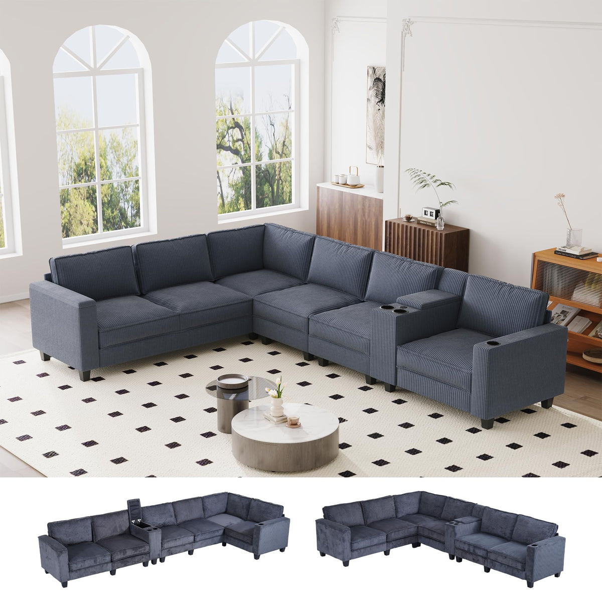 133" Oversized Modular 6-Seat Corduroy Sectional Sofa with Movable Storage Console, Cup Holder Armrests, Reconfigurable Seats for Living Room, Gray