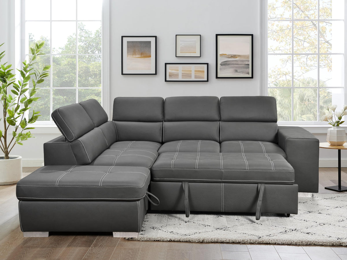 THSUPER 104'' Microfiber L Shaped Sectional Sleeper Sofa Couch with Pull Out Bed and Storage Ottoman, Convertible Couches with Adjustable Headrest for Living Room, Left Facing Chaise. Charcoal Grey