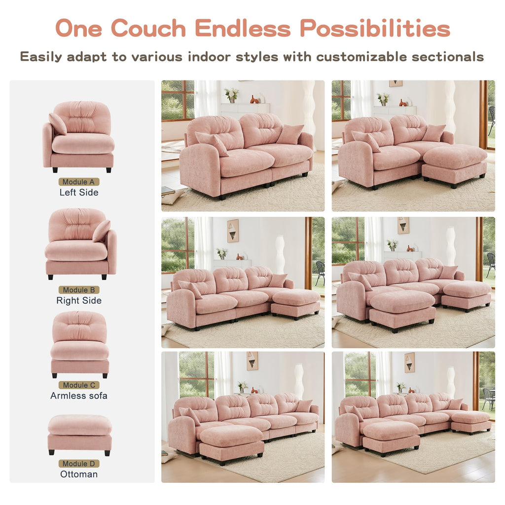 107" Modular Sectional Sofa with Ottoman Pink Chenille L Shaped Couch