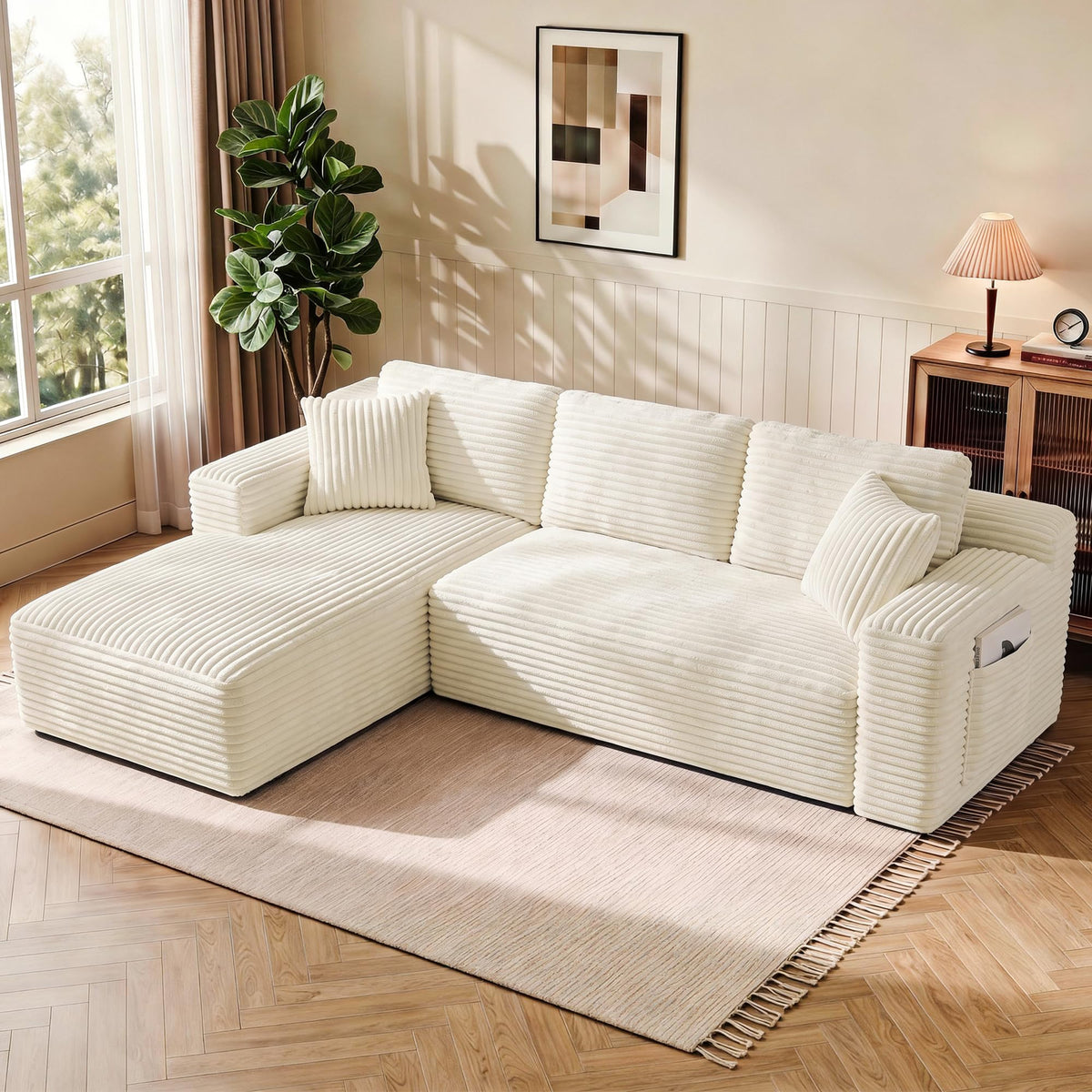 104" L Shaped 3 Seater Cloud Sectional Sofa, Plush Corduroy Boneless Modular Couch with Deep Seat, Right Facing Chaise for Living Room & Bedroom,Left.