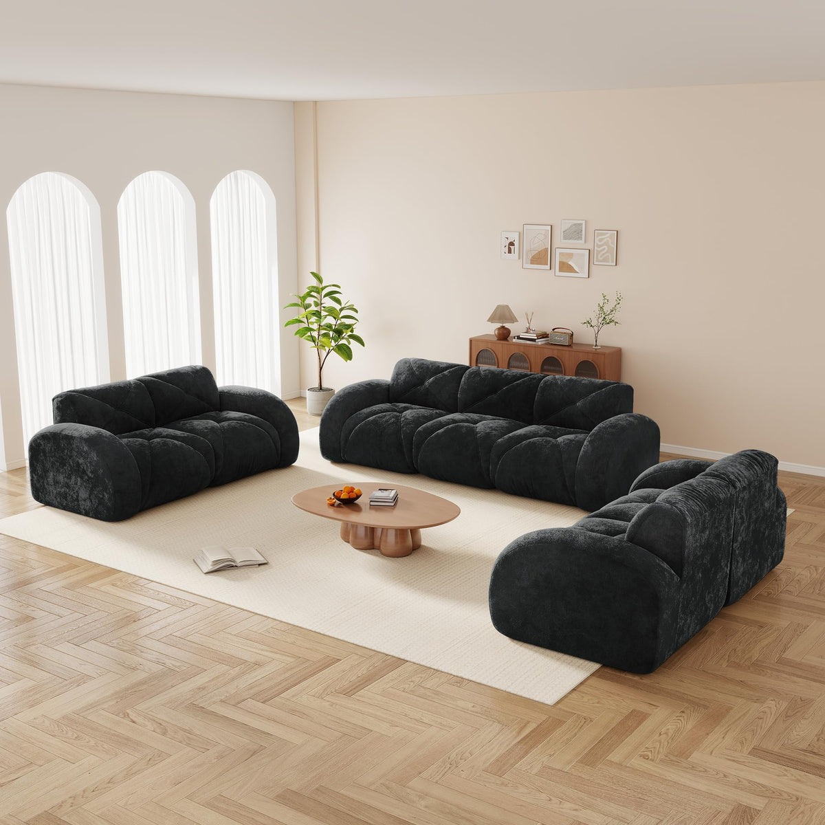 U-Shaped Boneless Sofa, Tufted 32d High Density Sponge Bottom, Anti-Slip Design, No Assembly Required, Free Combination, Movable Ottomans for Living Rooms, Home Theater, Blue