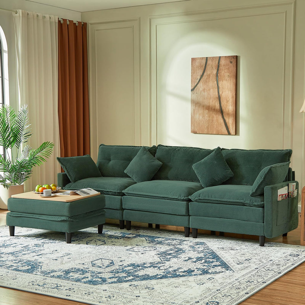 107.3'' Oversized Cloud Couch L Shaped Modular Sectional Sofa, Premier Comfy Corduroy Couch with Ottoman, Modern 3 Deep Seat Sectional Couches for Living Room, Solid Wood Frame&Spring,Tool-Free Green
