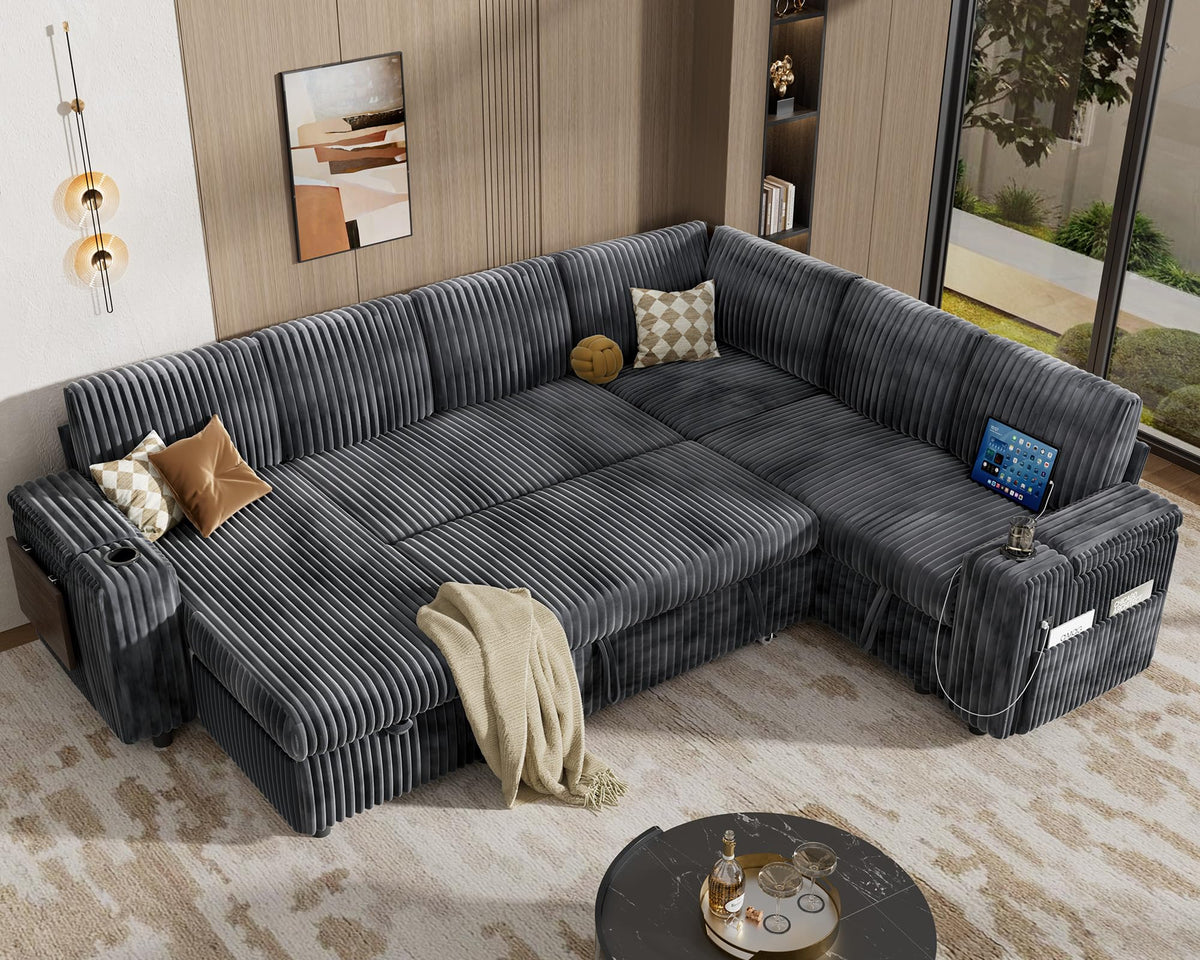 Vipbear 111" Modular Sectional Sleeper Sofa with Pull Out Bed, 7 Seat Plush Corduroy L Shaped Couch with Storage Chaise|USB Ports|Cup Holders|Side Table|Storage Armrests, Tool Free Assembly, Mid Gray