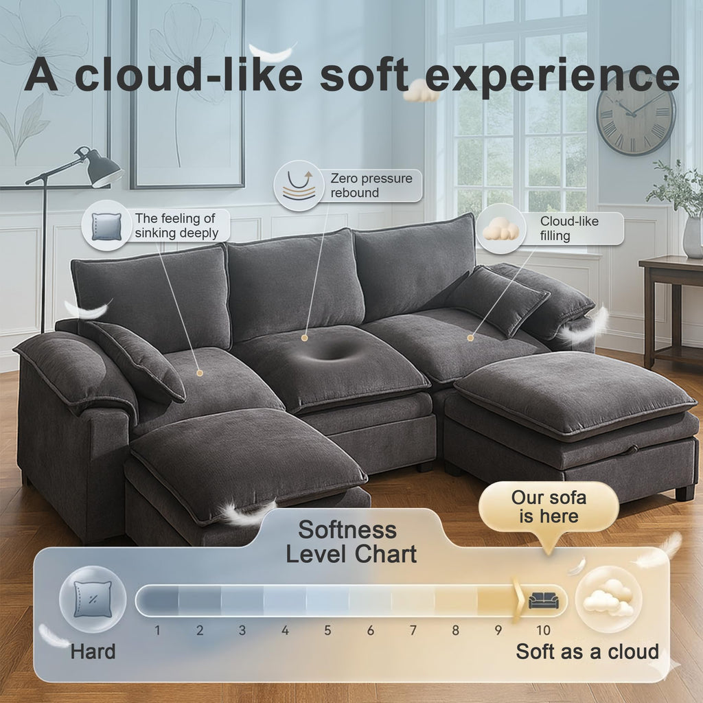 110" Modular Sectional Sofa with Storage, Premium Chenille Cloud Couch with Movable Ottomans, 1200lbs Heavy Duty Deep Seat Sectional, High-Density Foam