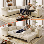 115.3" L-shaped Couch with Pull Out Sofa Bed, Velvet Couch Gold Trim, Beige