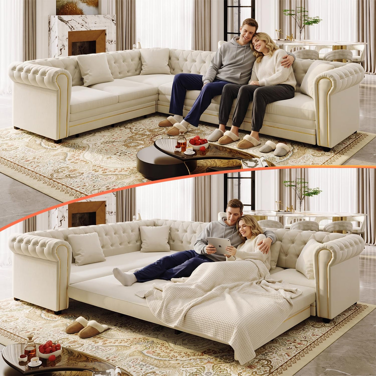 115.3" L-shaped Couch with Pull Out Sofa Bed, Velvet Couch Gold Trim, Beige