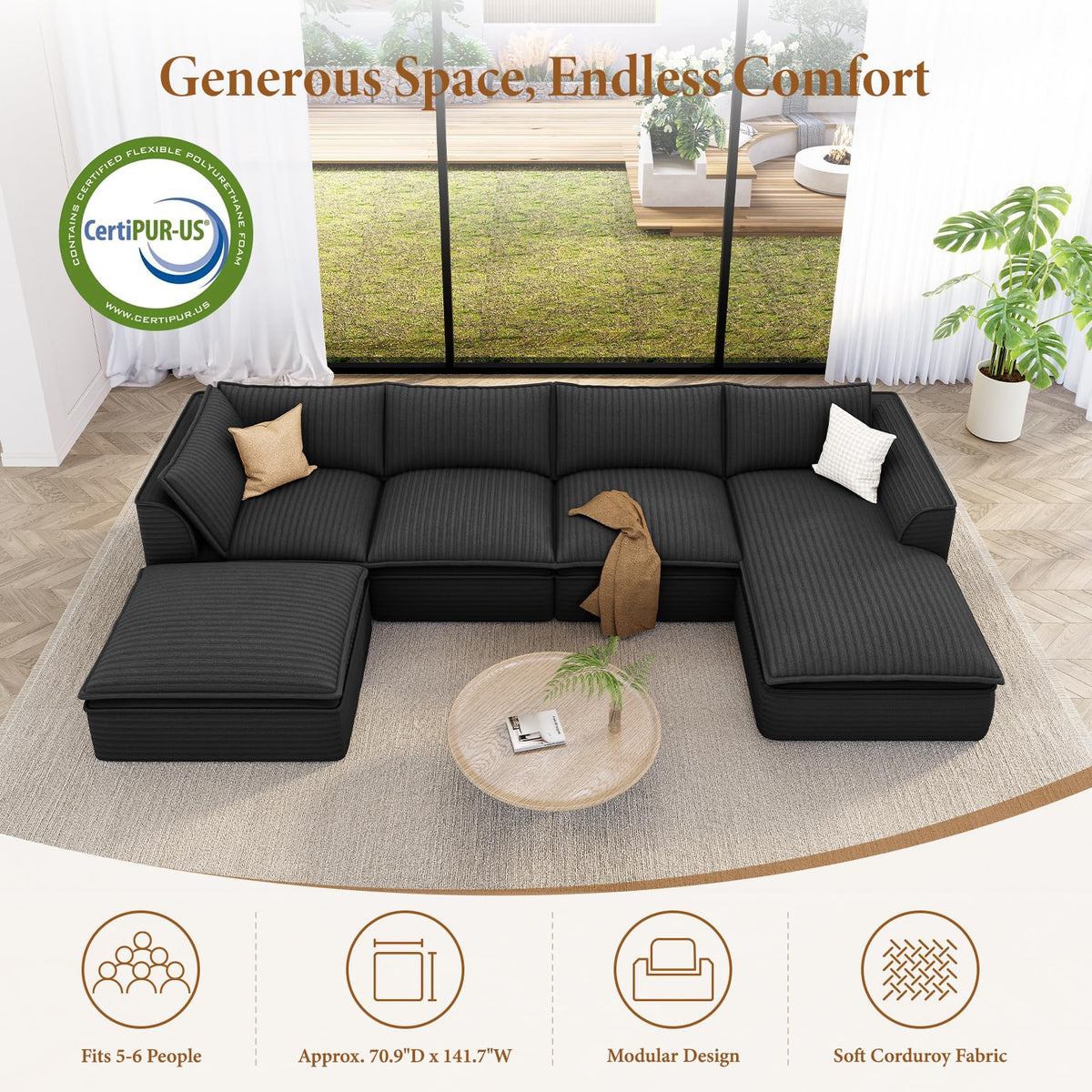 Vesgantti U Shaped Corduroy Boneless Sectional Couch, 6 Seater Sofa, Gray