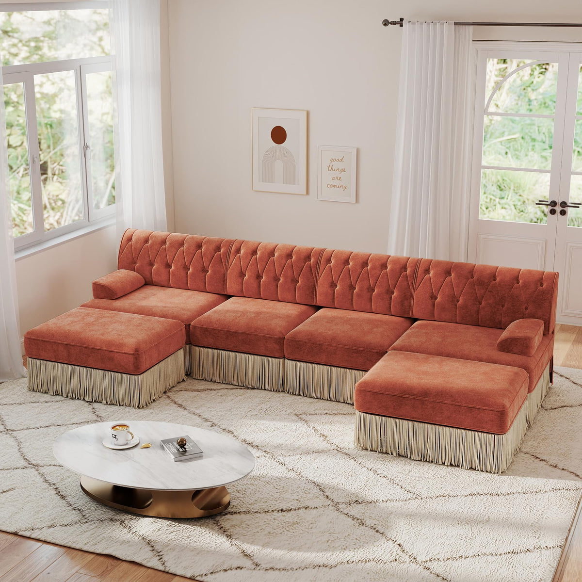 Unique Chesterfield Style Modular Sectional Sofa, 135.6” L-shaped Boneless Sofa with Velvet Fabric, Floor-grazing Tassel Fringe Skirt and Button Tufted Design for Living Room, Easy to Assemble, Beige