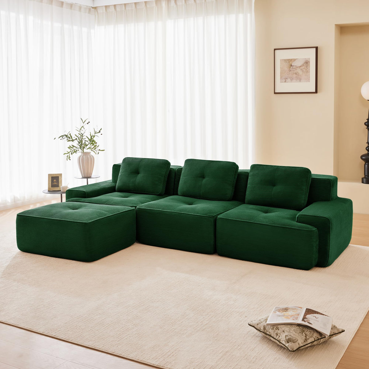 Tidyard 11? Modern L-Shaped Modular Sectional Sofa for Living Room, Corduroy Fabric 3-Seater Couch with Deep Seat, Movable Ottoman, Tufted Design, No Assembly, Anti-Slip Base, Green