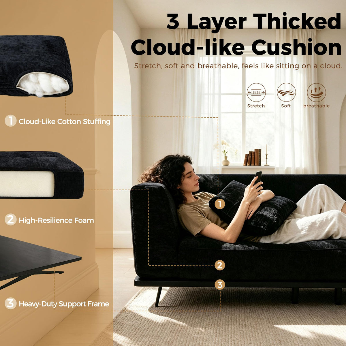 101" Boneless Couch with Raised Base, Deep Seat Cloud Sofa, Easy Clean