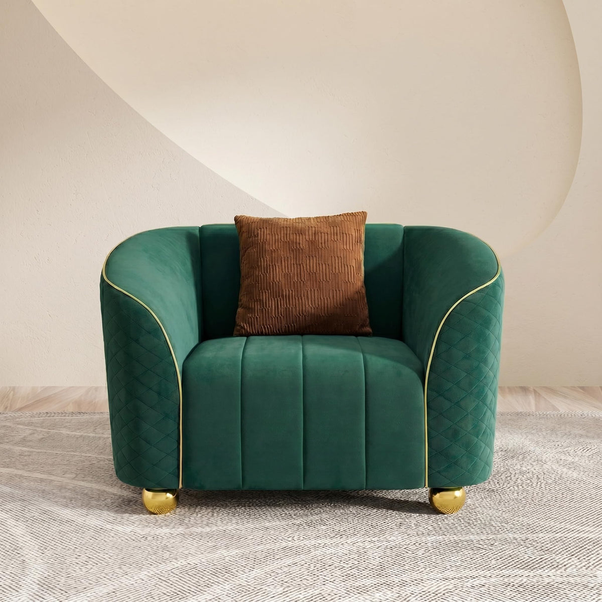 1-Piece Luxury Velvet Sofa Set for Living Room, Elegant Design Couch Set with Curved Armrests and Gold Edge Trim, Tufted Upholstered Couch with Gold Metal Legs (Green, 3 Seater)