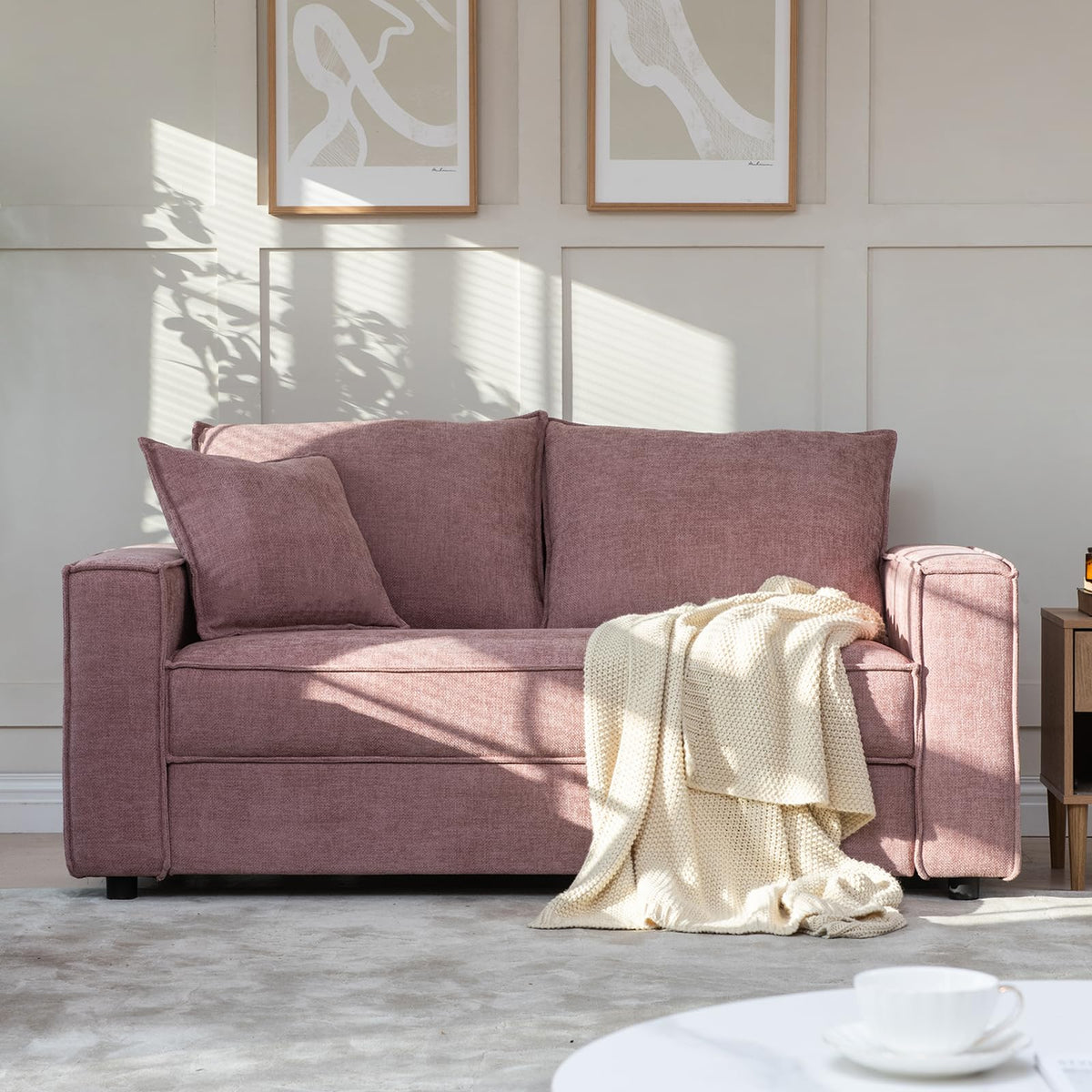 YUHUASHI Square Loveseat Sofa,Linen Fabric Upholstered Couch，Pink