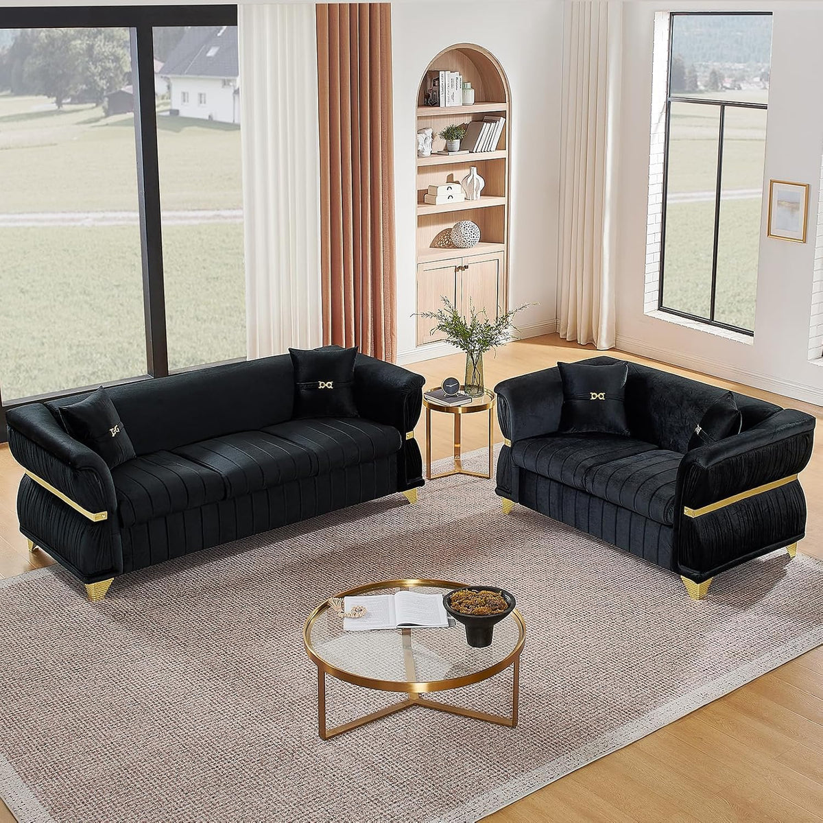 WinJoy 2 Piece Set Modern Velvet Three Seater and Two Seater Sofa Upholstered Luxury Couch with 4 Pillows Gold Metal Trim Tapered Gold Legs & Curved Armrests for Living Room Beige