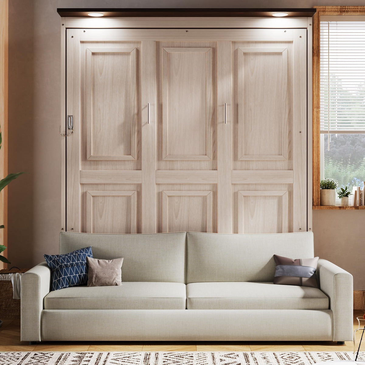 Twin Size Murphy Bed with Open Shelving, Sofa Front and Printed Panel