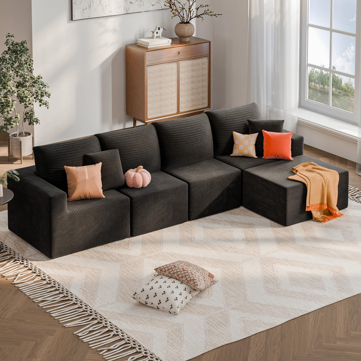 YESHOMY 130" Boneless Couches for Living Room, Modular L-Shaped Sectional Sofa with Comfy Seats and Ottoman, Modern Cloud Couch with Oversized Chaise, No Assembly Required, Cream