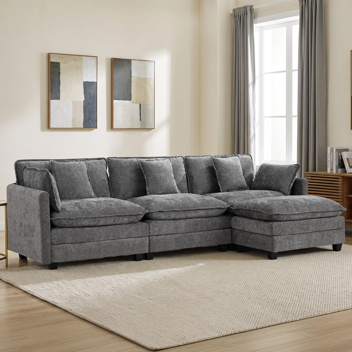 113" V-Shaped Cloud Couch, Modular Sectional for Living Room, Light Grey