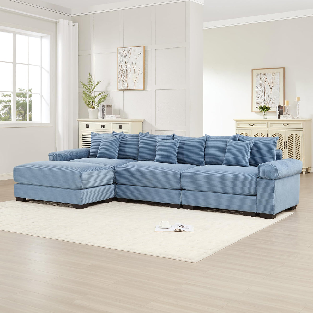 130" Oversized Modular 3-Seater Sectional Sofa, Cloud Corduroy Fabric with Extra-Thick Armrests, Ergonomic Deep Seat Couch for Living Room, Easy Assembly Sofas for Living Room(Cream)