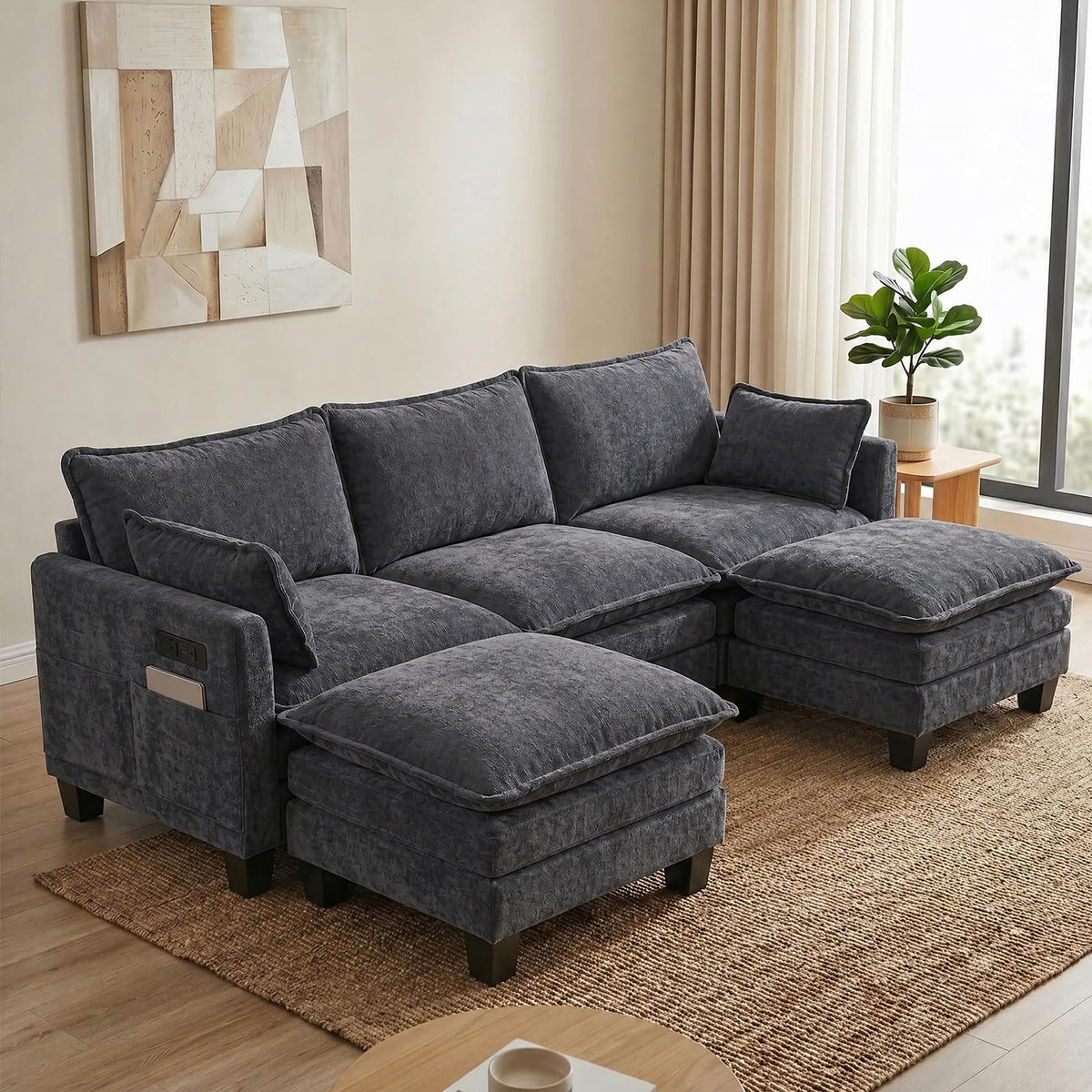 108" Modular Sectional Sofa Cloud Couch - U Shape Sofa with Charging Station Side Storage - Chenille Comfy Couches with Ottoman Movable for Living Room Bedroom Apartment Office, Black