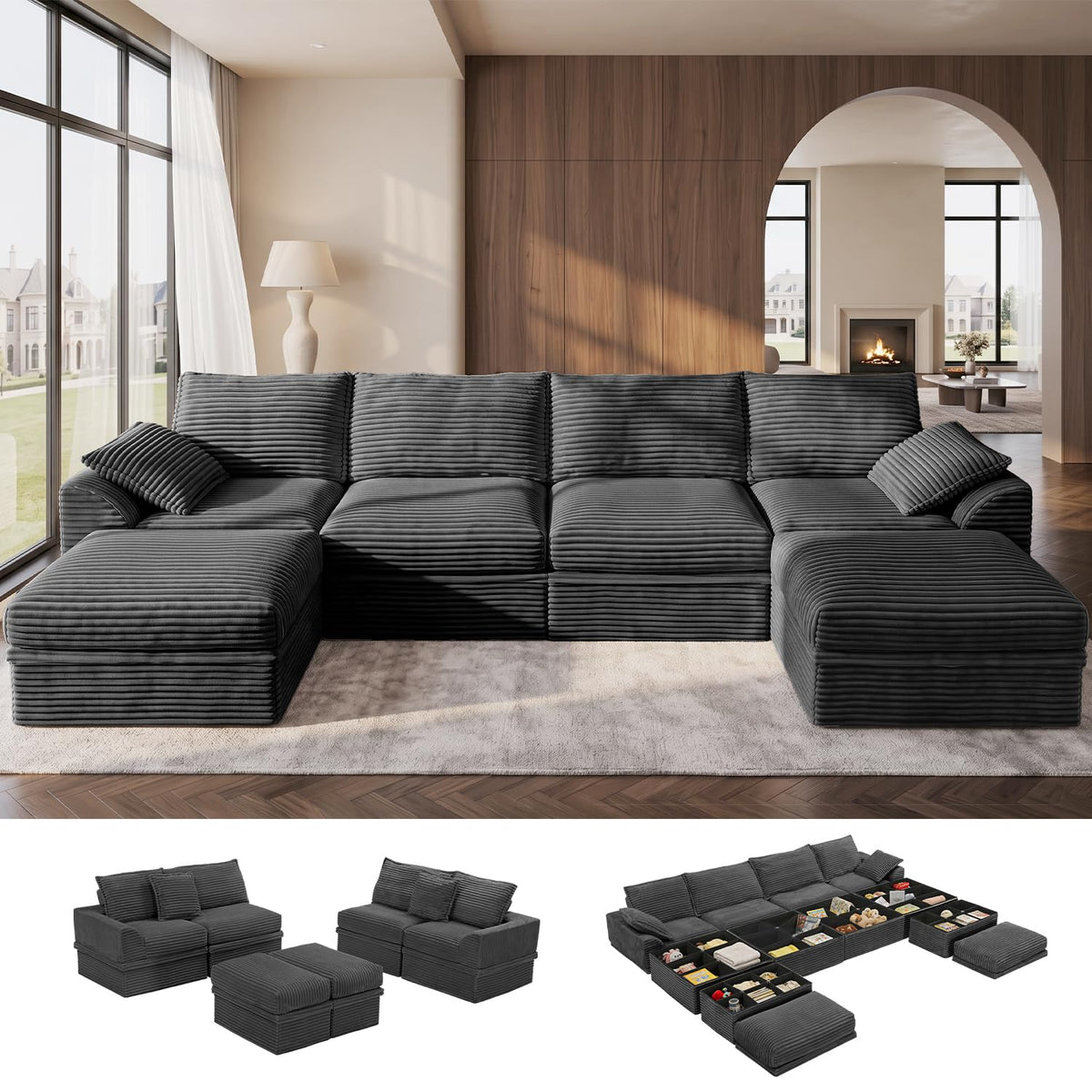 Upgraded Boneless Couch with Storage, 107" Modular Sectional Sofa Couches for Living Room, Extra Deep&High 3 Seater U-Shaped Boneless Sofa with Ottoman, Tool-Free Assembly, Black