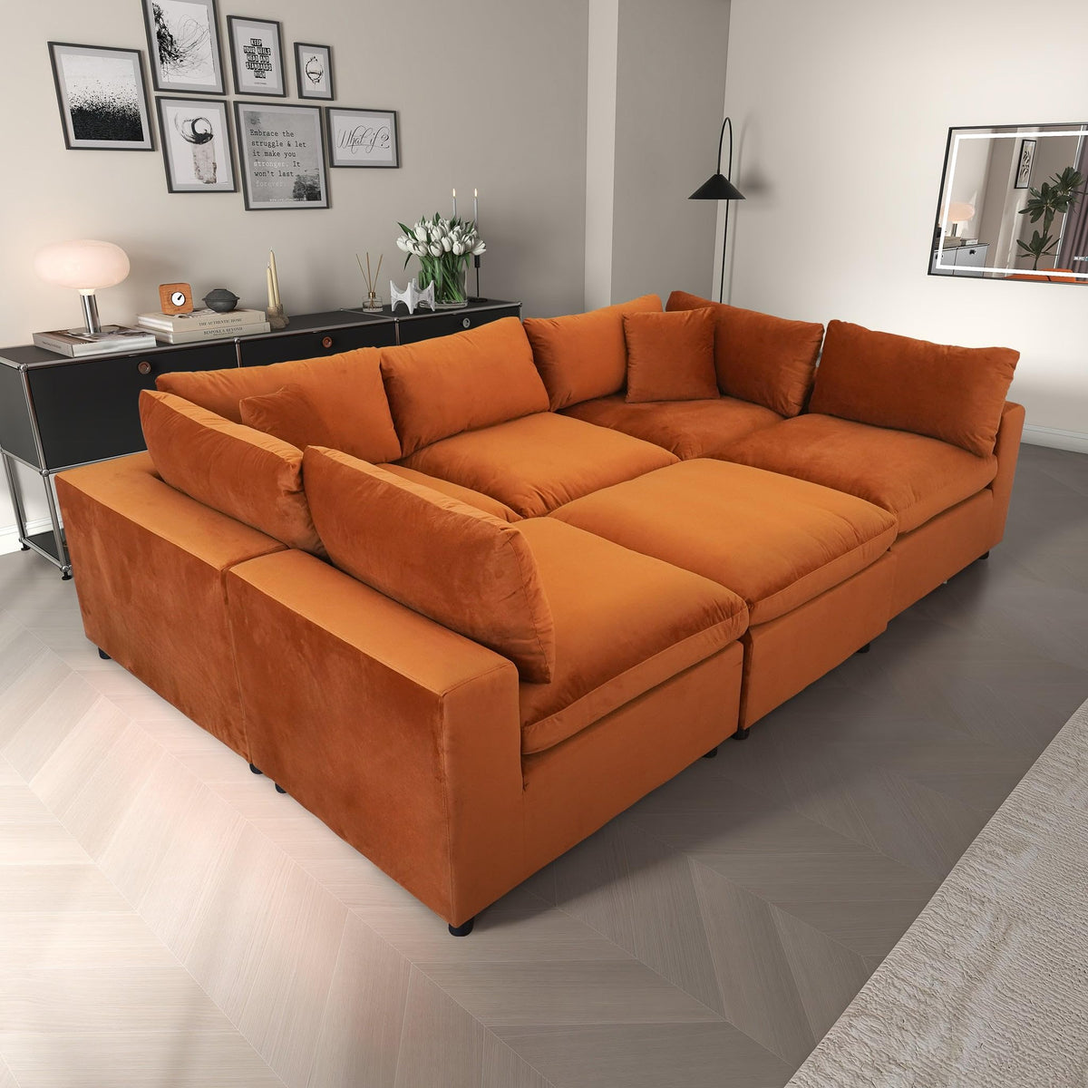 Velvet Modular Sofa in Burnt Orange, Sectional with L-Shape Design, Easy Assembly for Contemporary Homes