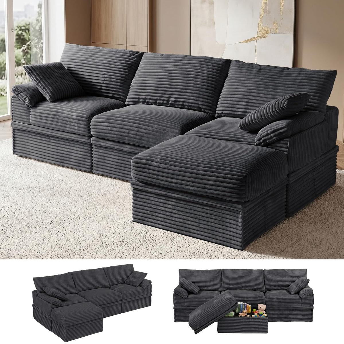 107'' Modular Sectional Sofa with Storage, L-Shaped Boneless Couch
