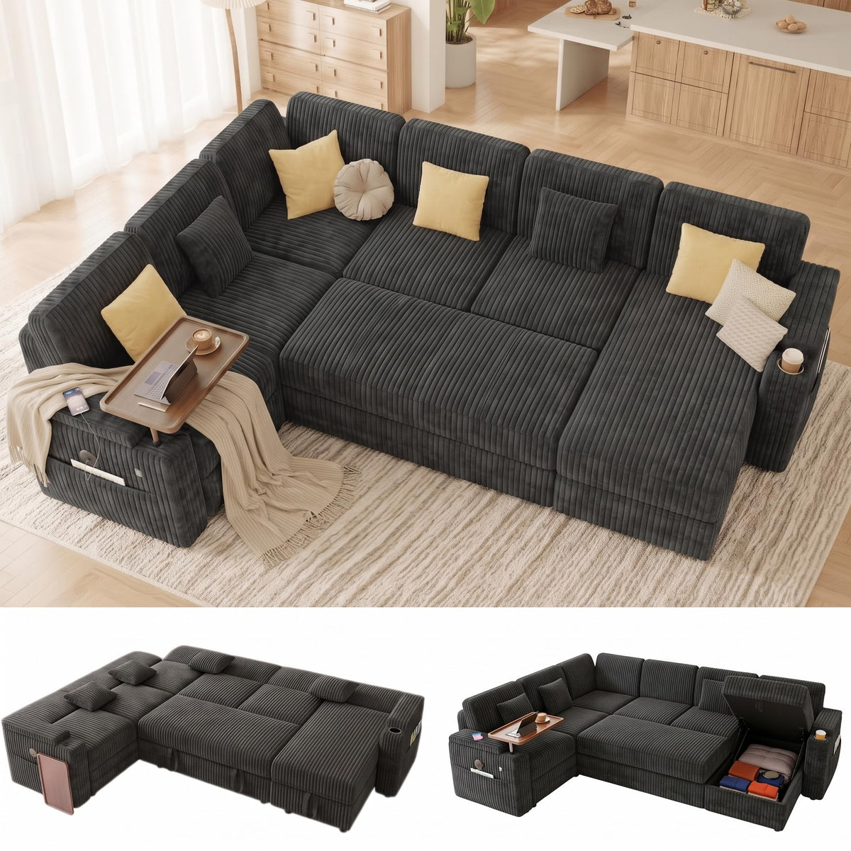 100" Modular Sectional Sleeper Sofa with Pull Out Bed, 7 Seat Corduroy U Shaped Couch with Storage Chaise|Reclining Backrest|Side Table|USB Port, Cloud Sectional Couches for Living Room, Black