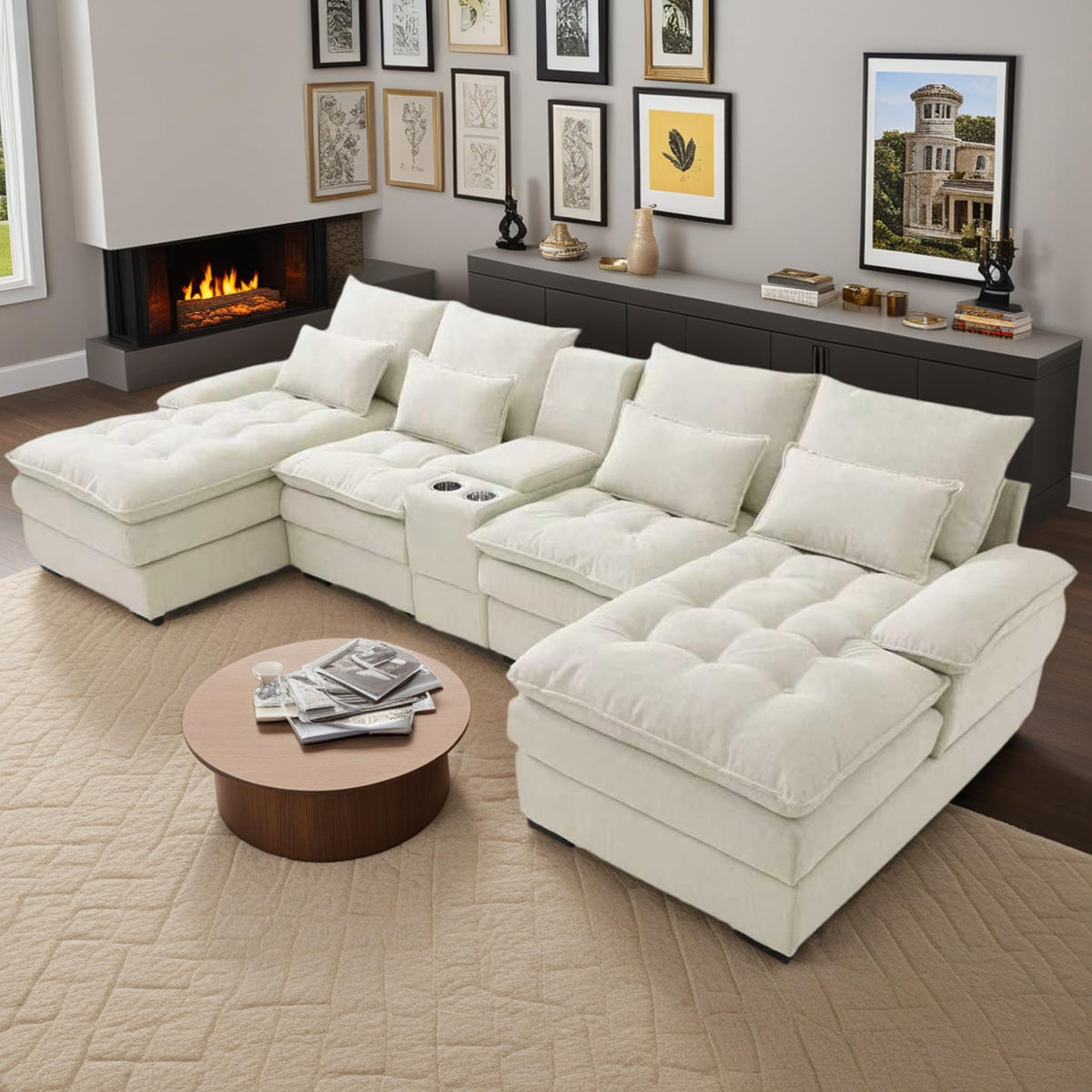 130" U-Shaped Modular Sectional Sofa, Oversized Cloud Couches with Storage Console & Cup Holders, Linen Sofa with Chaise/Pillows, 6-Seater Deep Seat Couches for Living Room (Black)