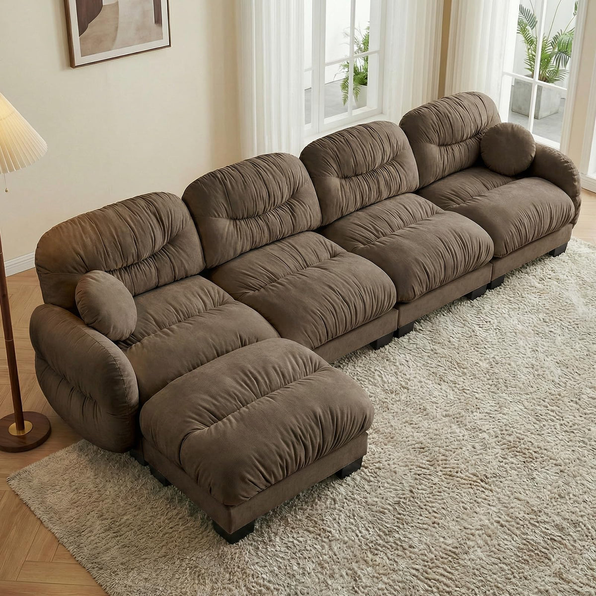 116" U Sectional Couches for Living Room, 3 Seater Modular Couch with 2 Ottoman, Cloud Sofa with Soft Chenille Fabric, High-Density Foam Cushion, Living Room Furniture, Beige