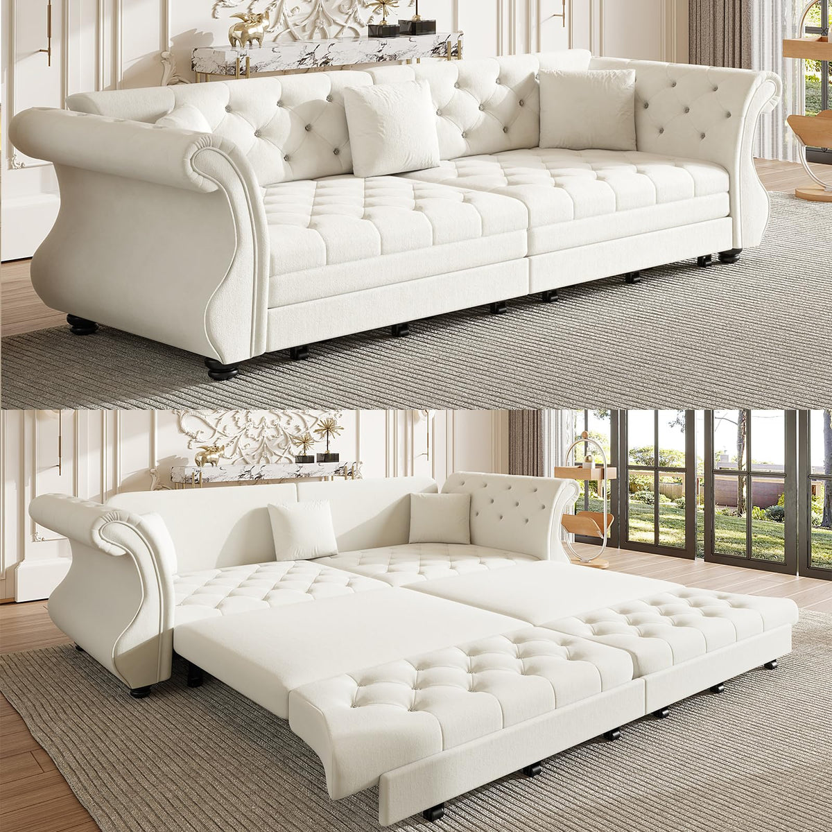 Velvet Pull-Out Sofa Bed, 3-in-1 Convertible Sleeper Sofa with Pillows, Button Tufted Chesterfield King Size Couch for Small Spaces & Apartments (Beige, 97.6")