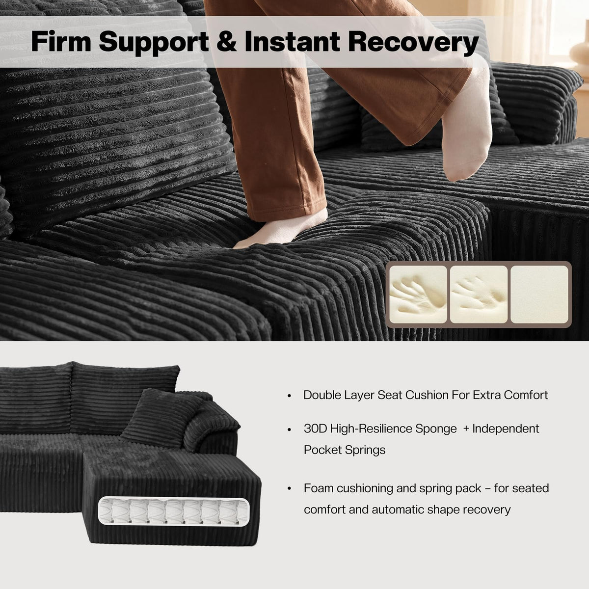 130" Boneless Couch, U Shaped Corduroy Cloud Modular Sectional Sofa Black