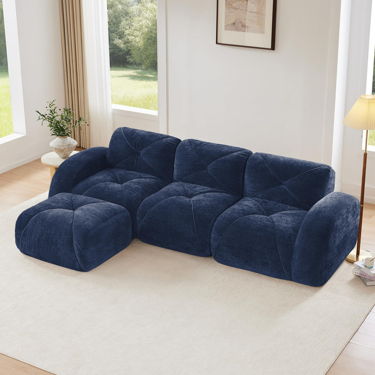 U-Shaped Boneless Sofa, Tufted 32d High Density Sponge Bottom, Anti-Slip Design, No Assembly Required, Free Combination, Movable Ottomans for Living Rooms, Home Theater, Blue