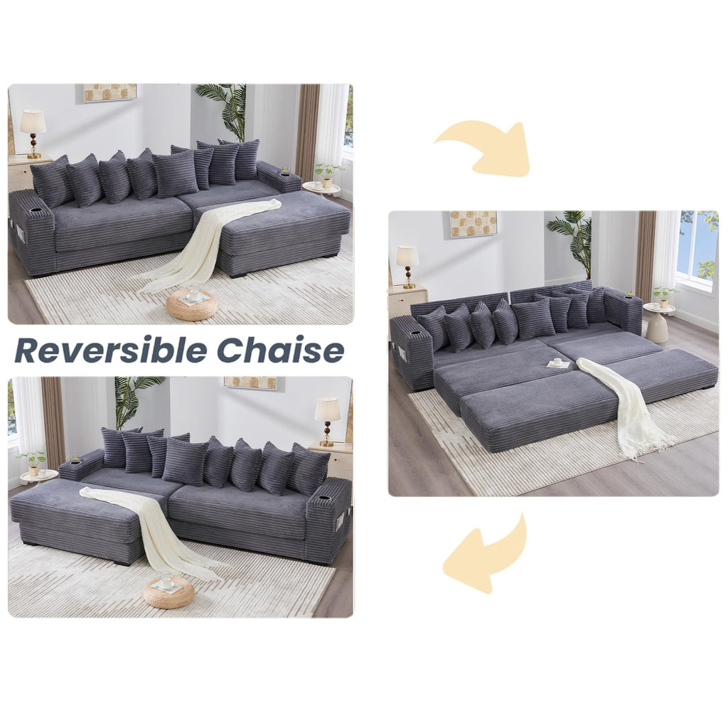 110.75" Modular L Shaped Sofa, Corduroy Fabric Sectional Couch,with a Movable Footstool, Cup Holders,Bring 8 Throw Pillows,Side Pocket,Unfold into a Bed,Dark Gray JZ993
