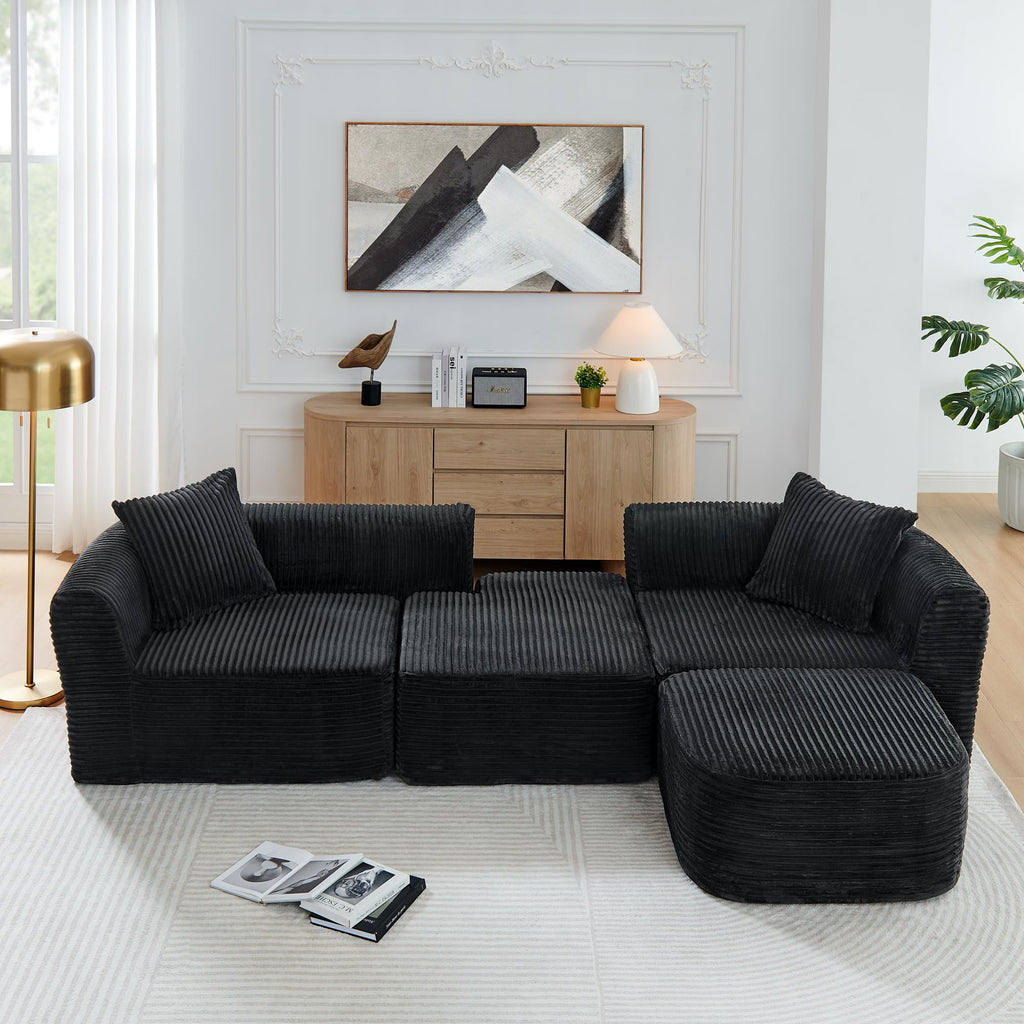 114" Cloud Sectional Couch with L Shape Chaise, Modular Sofa with Movable Ottoman, Upholstered Couches for Living Room Bedroom, No Assembly Required, Black