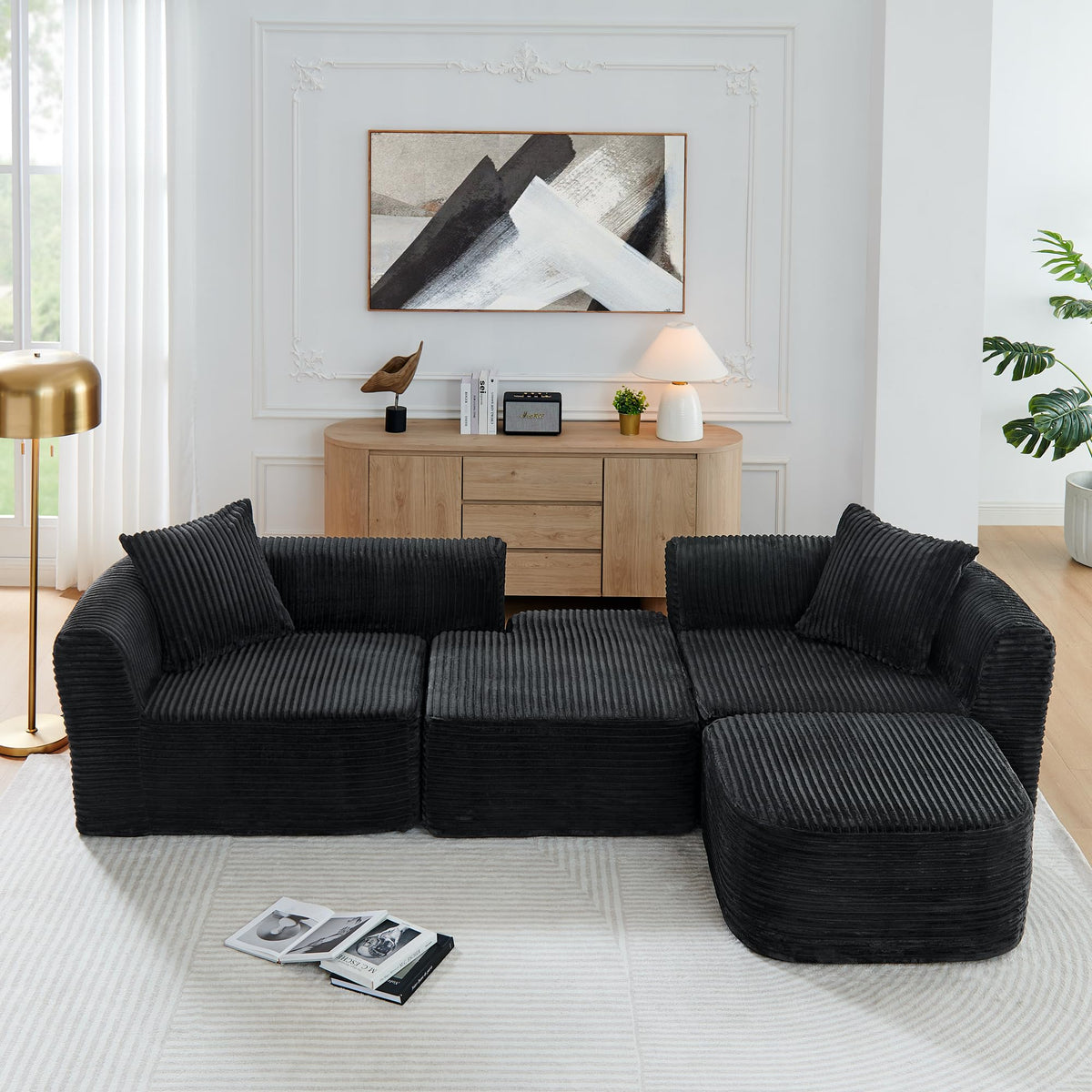 114" Cloud Sectional Couch with L Shape Chaise, Modular Sofa with Movable Ottoman, Upholstered Couches for Living Room Bedroom, No Assembly Required, Black