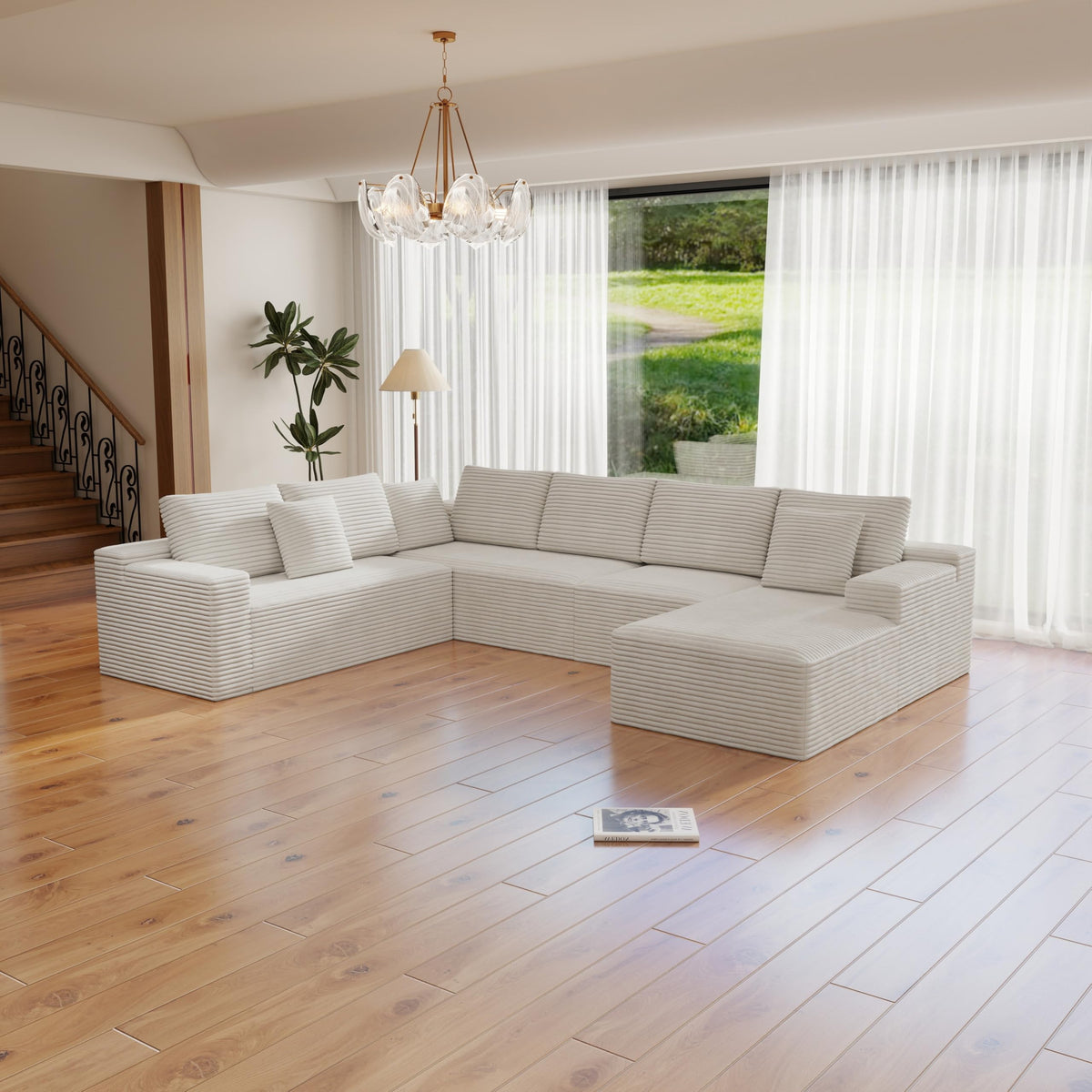 131.9 * 104.3" Modular sectional Sofa seat,Upholstered Compressed Couch for Living Room,Bedroom,Apartment,No Assembly Required,4 PC Free Combination,Plush Corduroy Fabric,White GN365