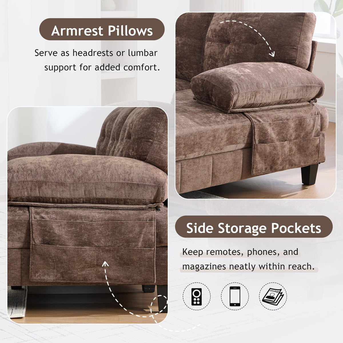 U Shaped Sectional Sofa 103.5" Chenille Fabric Couch with Dual Chaise Lounges, Storage Pockets and Armrest Pillows for Living Room, Brown