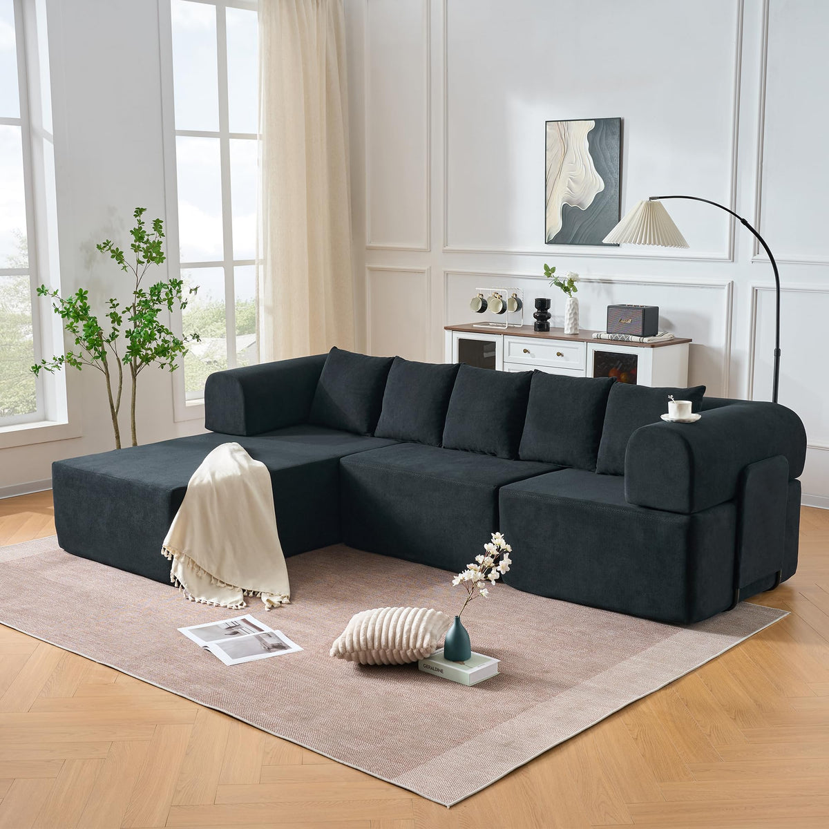 106" Modular Sectional Sofa,L Shaped Cloud Sectional Couch with Deep Seat,Velvet Boneless Couch with Movable Chaise 5 Pillows,Compressed Sofa for Living Room,No Assembly Required,Black