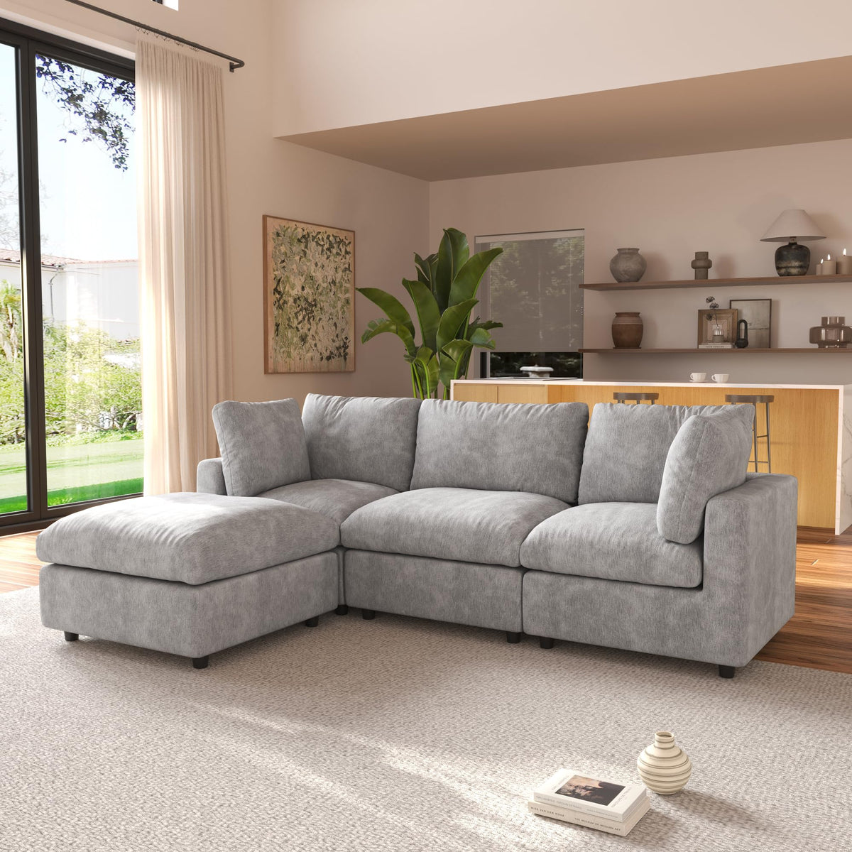 120" Cloud Couch Chenille Sectional Sofa for Livingroom Beige